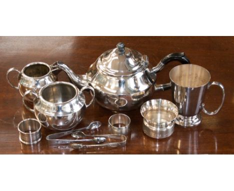 Three piece EPNS tea service christening items and tankard etc 