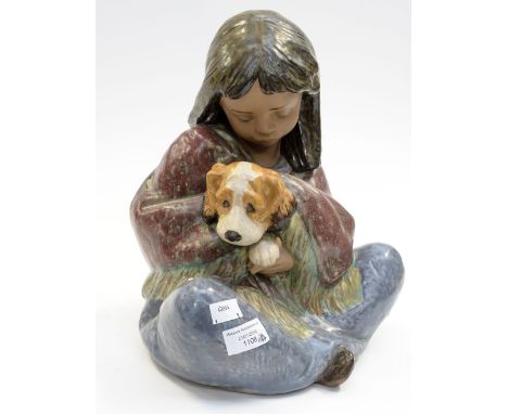 A large Lladro figure of a seated girl with a dog 
