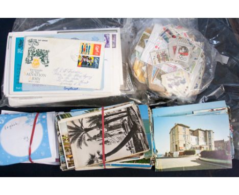 Mixed postcards, first day covers, stamps 