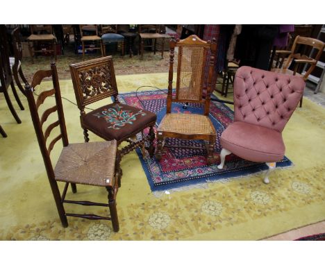 Four various chairs including a 19th Century side chair with scroll carved back and woolwork seat, an early 19th Century ash 