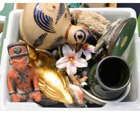 A box of assorted figures, a Victorian tea service, gilded duck etc 