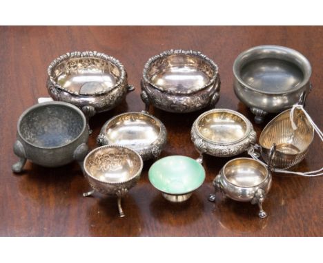 A group of ten salts, some silver with English hallmarks and a Danish silver and enamel salt (10) 