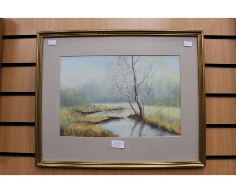 R Hampton, watercolour depicting marshland, mounted and framed