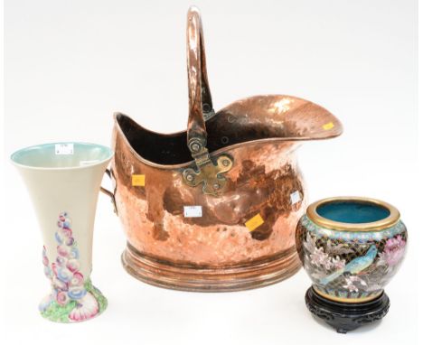 A 19th Century copper coal bucket, a Clarice Cliff trumpet vase, together with a cloisonne vase and stand (3)