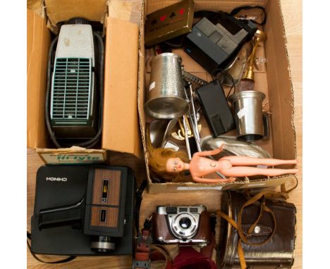 Assorted cameras to include Chinon cine camera, slide projector binoculars, other camera etc (one box) 