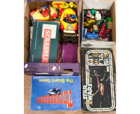 A box of Matchbox 'Models of Yesteryear', unboxed first series and later and a box of games, Star Wars, Thunderbirds, etc 