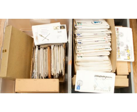 Two large plastic boxes containing hundreds of mainly GB first day covers, odd earlier, plus odd foreign, hundreds 