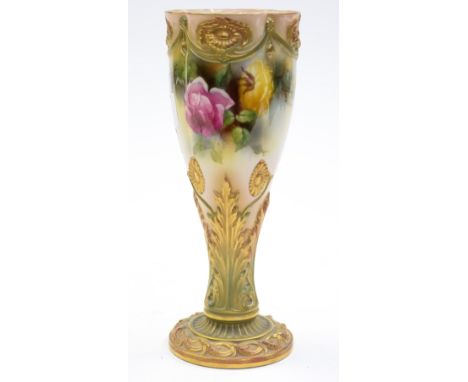 A Royal Worcester tapering circular vase, hand painted with pink and yellow roses, buds and foliage, signed J. Lander, moulde