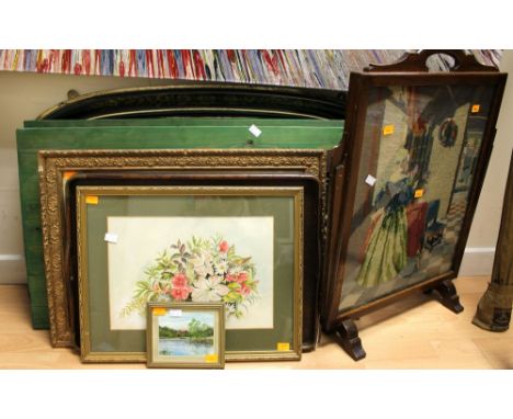 Two displays of tools, fire screen mirror, tray and prints, paintings, parcel lot 
