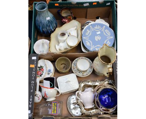 Two boxes of ceramics, glass and silver plate, including tea wares, 'Real Staffordshire Ceramics, by Clarice Cliff' yacht pri