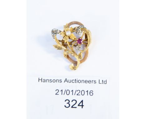 A gold, diamond, ruby and pearl collar clip of buckle, rose and yellow gold 