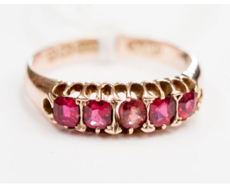 A Victorian 1894 gold and five stone ruby ring (central stone a replacement) 9ct, Birmingham 