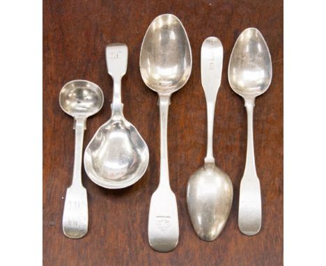 A group of 18th and 19th Century provincial silver to include three Irish silver teaspoons, one with rat-tail, an Exeter silv