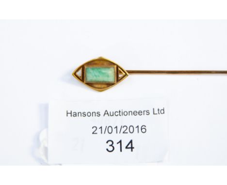 A cased stick pin, 14ct gold with jadeite stone 
