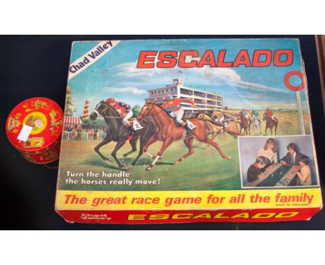 A Chad Valley Escalado, race game and a tin (toffee) drum (2) 