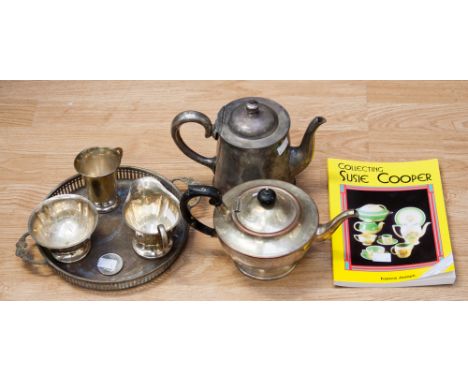 A three piece (Sheffield) EPNS tea service, tray, tankard, Britainia metal teapot, Crown and Susie Cooper colling book, parce