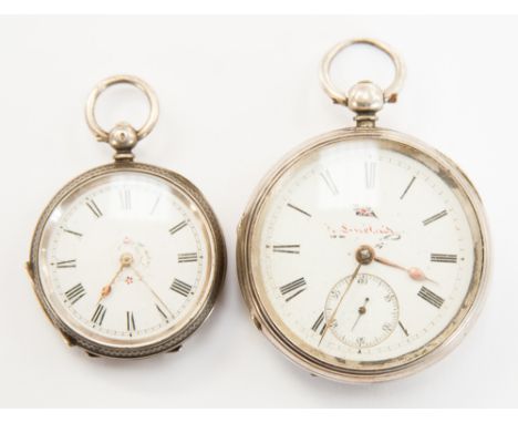 Two silver pocket watches with enamel dials, one with London hallmarks, the second with Swiss hallmarks and stamped 0.935 (2)