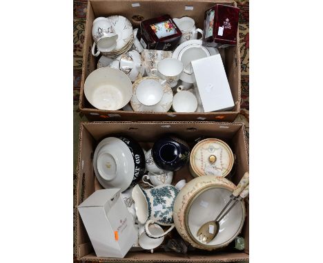 Two boxes of ceramics including white and gilt tea wares, Locke & Co Worcester salad bowl and servers etc (two boxes)