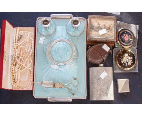 Two Stratton powder compacts, three faux pearl necklaces, a glass and engine turned dressing table set, a cigarette box with 