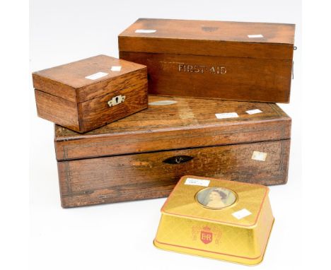 A writing box (af), a first aid box with armorial and another box and tin (4) 