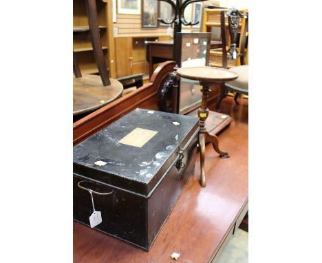 A tin trunk, oak tripod table and mahogany swing mirror 