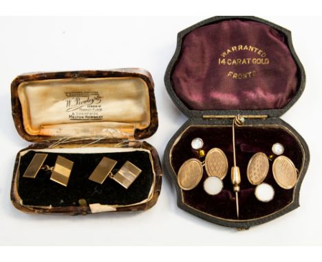 Two pairs of 9ct gold cufflinks together with an opal tie pin, 12.8 grams approx 