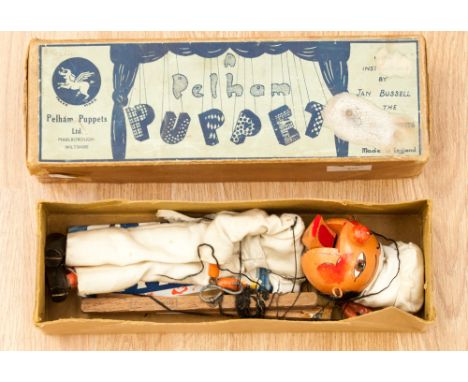 Pelham puppet, boxed, early 20th Century, painted head and clothed 