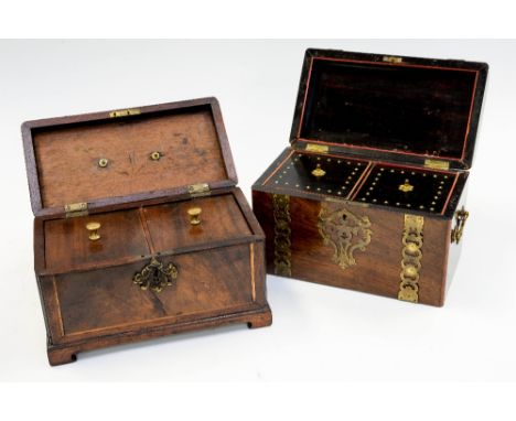 Two tea caddies, a mahogany early 19th Century box on splay feet, with box wood inlay, together with a rosewood caddy with cu