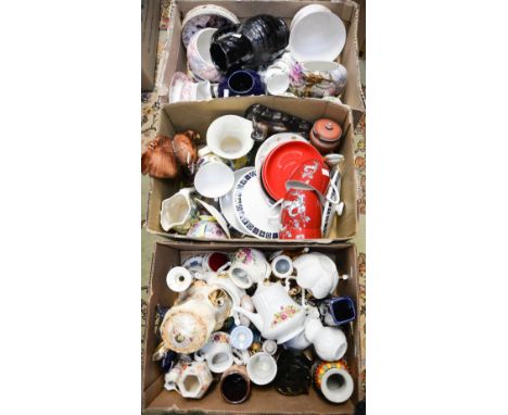 Three boxes of various ceramics to include Art Deco jugs, Crown Devon, Midwinter, Masons, etc (3) 