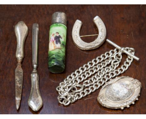 An enamel scent bottle with a silver top, Birmingham 1900 together with a quantity of other silver items, brooches, albert ch