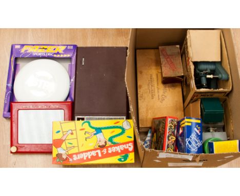 A box of vintage toys/games and movie projector 