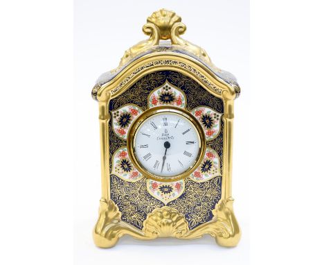 Royal Crown Derby Imari 1128 table clock, quartz movement, leaf, shell detail finial, etc 