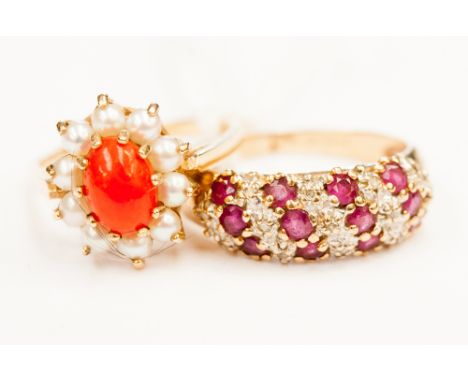 A ruby and diamond 9ct yellow gold ring together with a coral and pearl 9ct yellow gold ring (2)