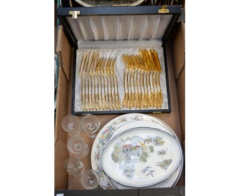 A box of ceramics and glassware including Royal Worcester cake plates etc, together with a cased canteen of gold plated fish 
