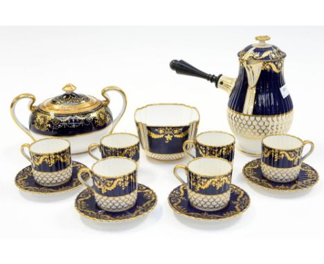 A Copeland Spode coffee or chocolate set with six cans, pot, four saucers, etc, fish scale design (13)