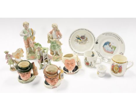 Wedgwood 'Petter Rabbit' bowl, plate, mug and egg cup, three Doulton advertising character jugs and four bisque figurines, et