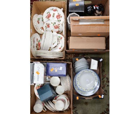 Four boxes of ceramics and glass including money boxes, Aynsley rose pattern dinner service, tea wares etc (four boxes)