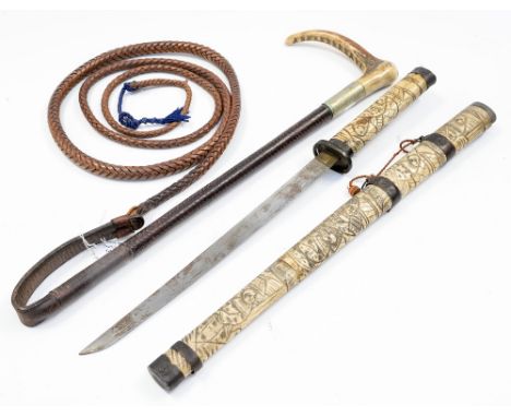 A Chinese dagger in a carved bone sheath with a horn handled hunting "whipper in crop" (2) 
