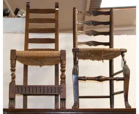 An early 19th Century rush seated ladder back chair, together with a modern oak rush seated ladder back chair, (2)