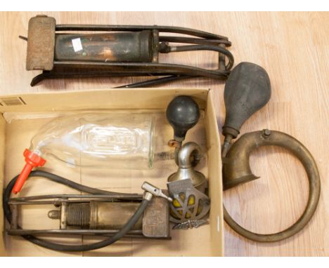 An AA car badge '2A07278' with brass car horn, Dunlop foot pump, etc (one box) 