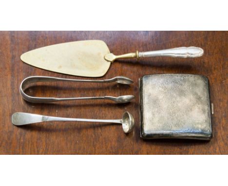 A silver engine turned cigarette case with London hallmark, together with a mustard ladle, cake server and sugar nips each ma