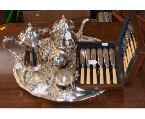 A white metal tea and coffee service, with a white metal tray and a boxed EPNS fish knife and fork set 