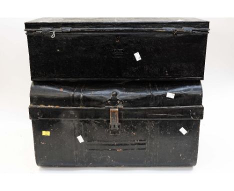 A tin steamer trunk together with a tin deed box with name plate T. Davis, 12 Regent Street, Waterloo Place, London (2) 