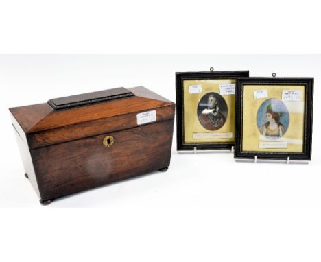 A mahogany tea caddy (af) with two framed miniatures (3) 