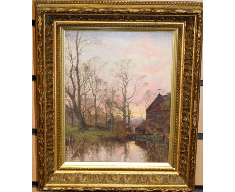 Henry Adams (Worcester Porcelain artist), 'Church and Pond', oil on canvas, signed and inscribed indistinctly verso, approx 2