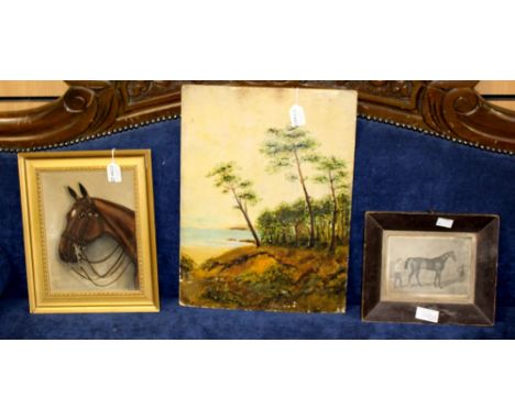An oil on board 'Horses Head in Bridle' A.R.S. signed verso A.R. Barnett (Edwardian) together with an etching of 'Touchstone'