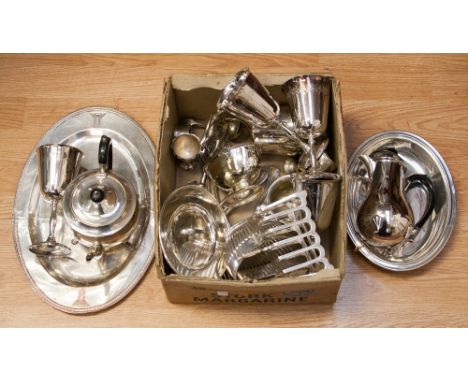 EPNS and plated wares to include tea service goblets, serving dishes, etc (one box) 