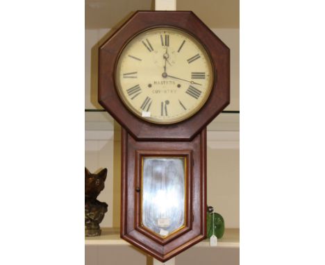 A Masters of Coventry mahogany drop dial wall clock (key and pendulum) (3) 