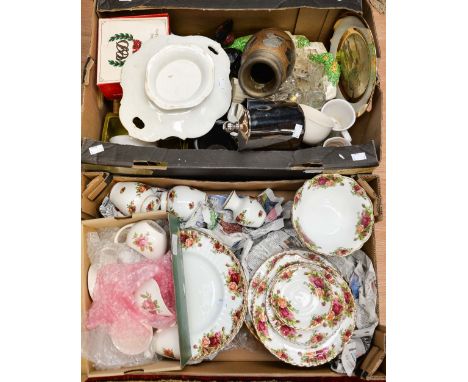 Two boxes and a shoe box of ceramics, including Royal Albert, Midwinter coffee set, TG Green, Carltonware, etc 