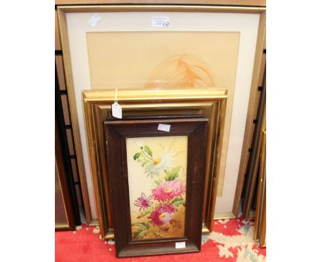 John Poole, signed print portrait of a woman, 1975; together with a naive, oil on canvas 1909 and two painted ceramic plaques